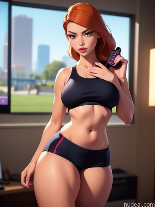 related ai porn images free for Woman Beautiful Tall Perfect Body Long Hair 20s Serious Seductive Ginger Dutch Bedroom Gaming Short Shorts Sports Bra