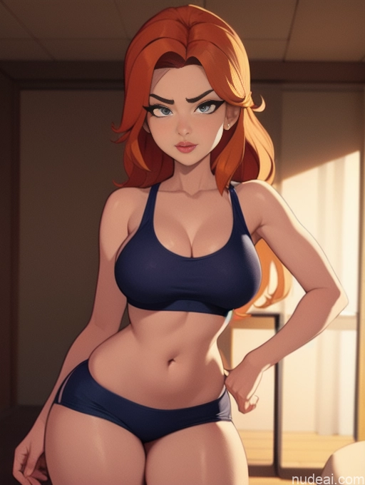 related ai porn images free for Woman Beautiful Tall Perfect Body Long Hair 20s Serious Seductive Ginger Dutch Bedroom Short Shorts Sports Bra Pet Play