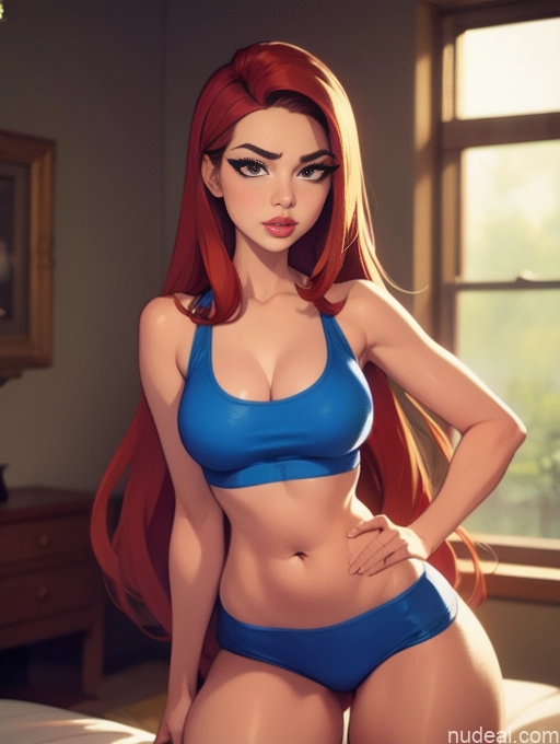 related ai porn images free for Woman Beautiful Tall Perfect Body Long Hair 20s Serious Seductive Ginger Dutch Bedroom Short Shorts Sports Bra Pet Play