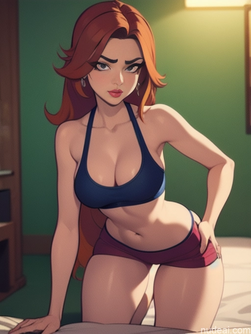 related ai porn images free for Woman Beautiful Tall Perfect Body Long Hair 20s Serious Seductive Ginger Dutch Bedroom Short Shorts Sports Bra Pet Play