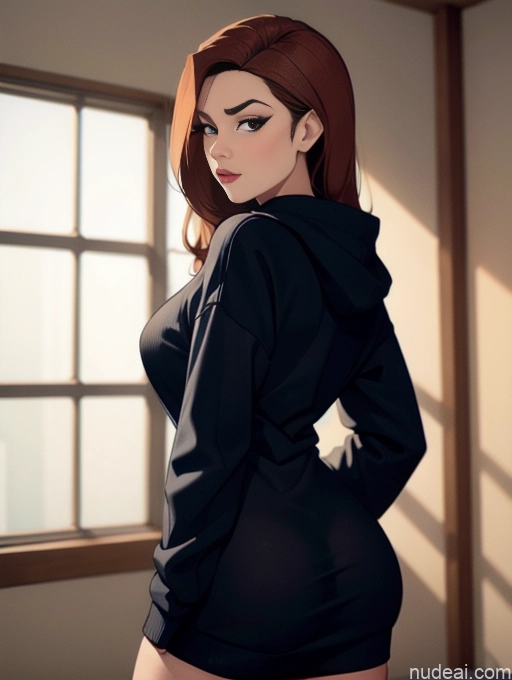 related ai porn images free for Woman Beautiful Tall Perfect Body Long Hair 20s Serious Ginger Dutch Bedroom Front View Pet Play Oversized Sweater/Hoodie