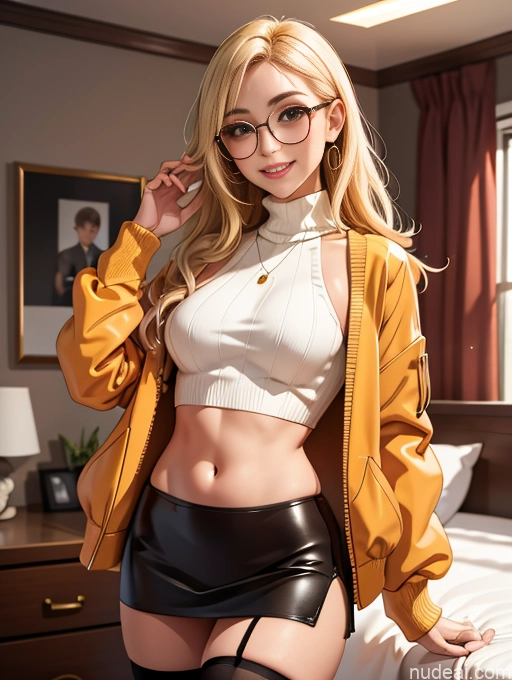 related ai porn images free for Tanned Skin Happy Bedroom Crop Top Jacket Leather Mini Skirt Sweater Thigh Socks Thin Round Glasses Blonde Busty Long Hair