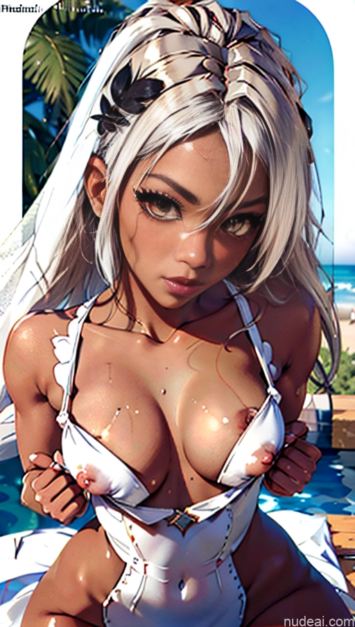 Busty Pubic Hair Tanned Skin Close-up View Huge Tits, Hard Nipples Wedding Serious Two Bra Pull Down No Panties? African NoaAkizuki White Hair Spread_legs, Pussy, Split_legs