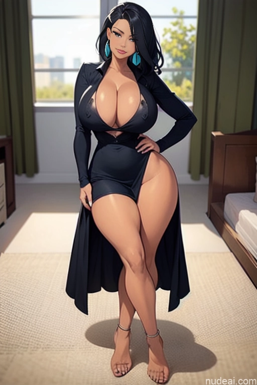 related ai porn images free for Miss Universe Model One Busty Beautiful 30s Black Hair Messy Bedroom Deep V-Neck Dress On Back Close-up View Cleavage Perfect Body Huge Boobs