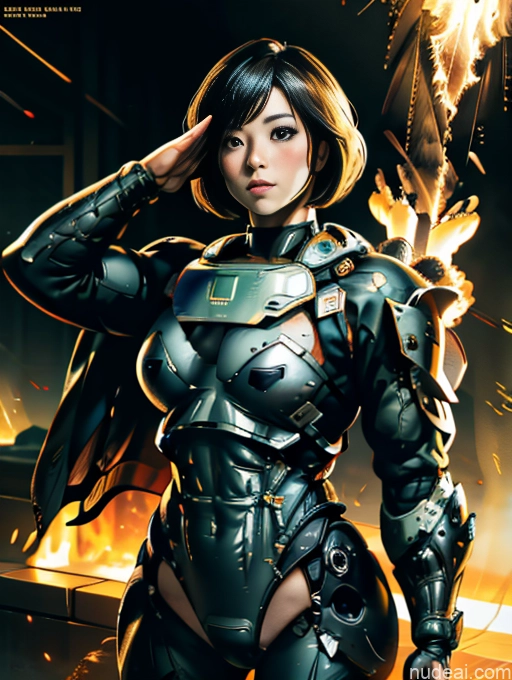 Dark Fantasy Short Hair Japanese EdgHalo_armor, Power Armor, Wearing EdgHalo_armor, Transparent Bunny Suit Bodybuilder Salute Battlefield