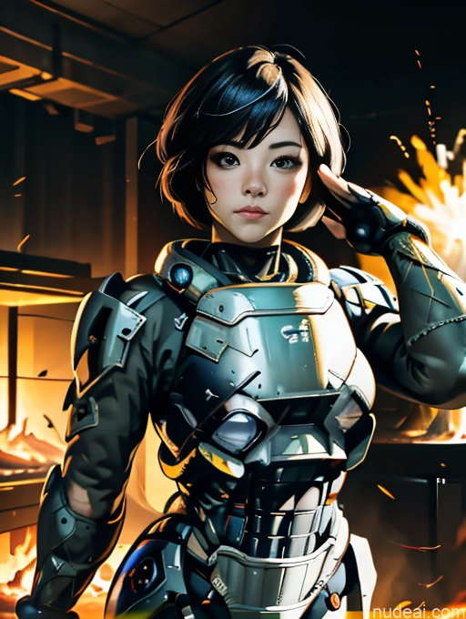 Short Hair Japanese EdgHalo_armor, Power Armor, Wearing EdgHalo_armor, Transparent Bunny Suit Bodybuilder Salute Battlefield Comic