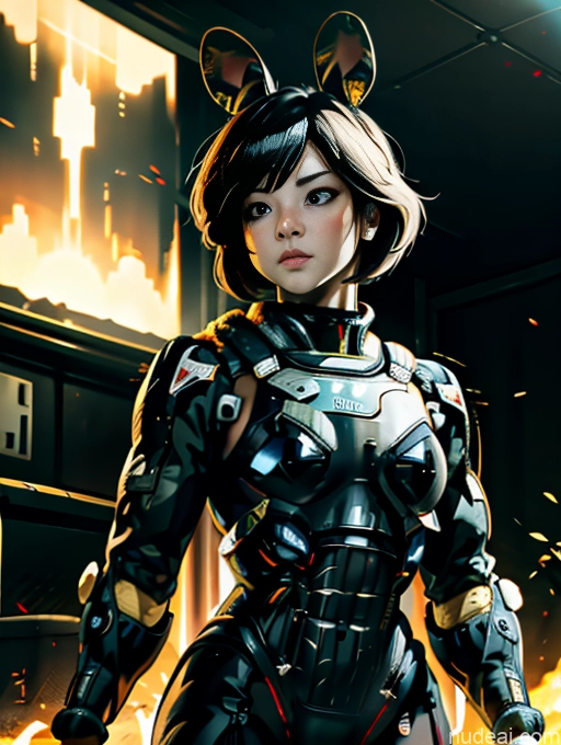 Short Hair Japanese EdgHalo_armor, Power Armor, Wearing EdgHalo_armor, Transparent Bunny Suit Bodybuilder Salute Battlefield Comic
