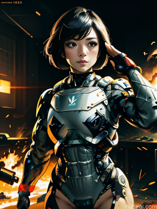 Short Hair Japanese EdgHalo_armor, Power Armor, Wearing EdgHalo_armor, Transparent Bunny Suit Bodybuilder Salute Battlefield