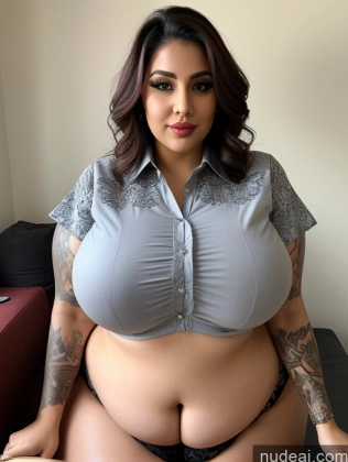 Woman Busty Huge Boobs Beautiful Tattoos Lipstick Big Ass Thick Chubby Fat Big Hips Seductive Pixie 30s Arabic Front View Blouse